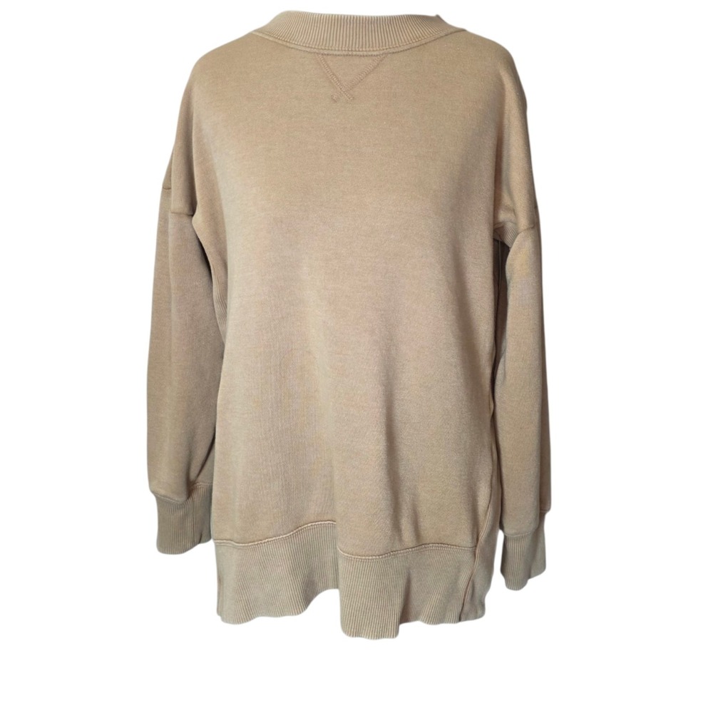 Aerie Womens S Tan Crew Neck Long Sleeve Side Slit Pullover Sweatshirt